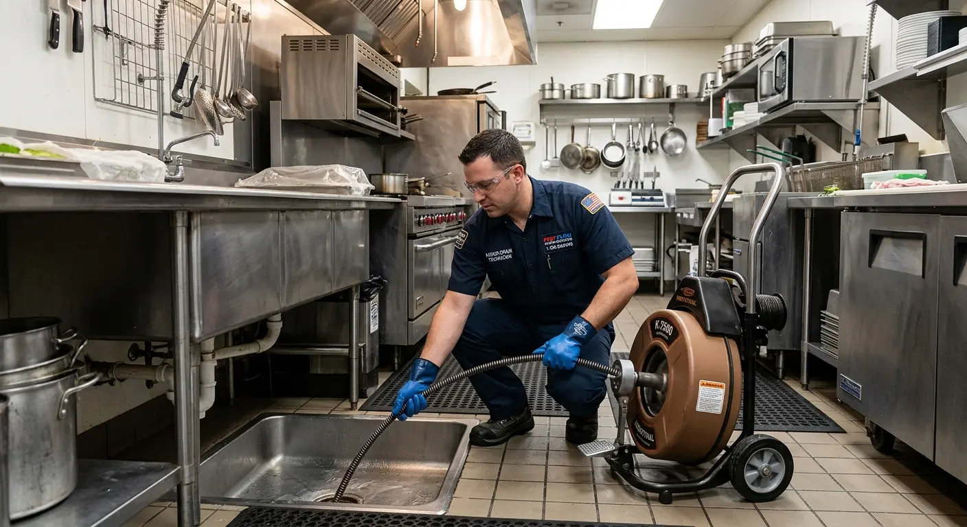 Commercial drain cleaning service in a restaurant kitchen in Sweden