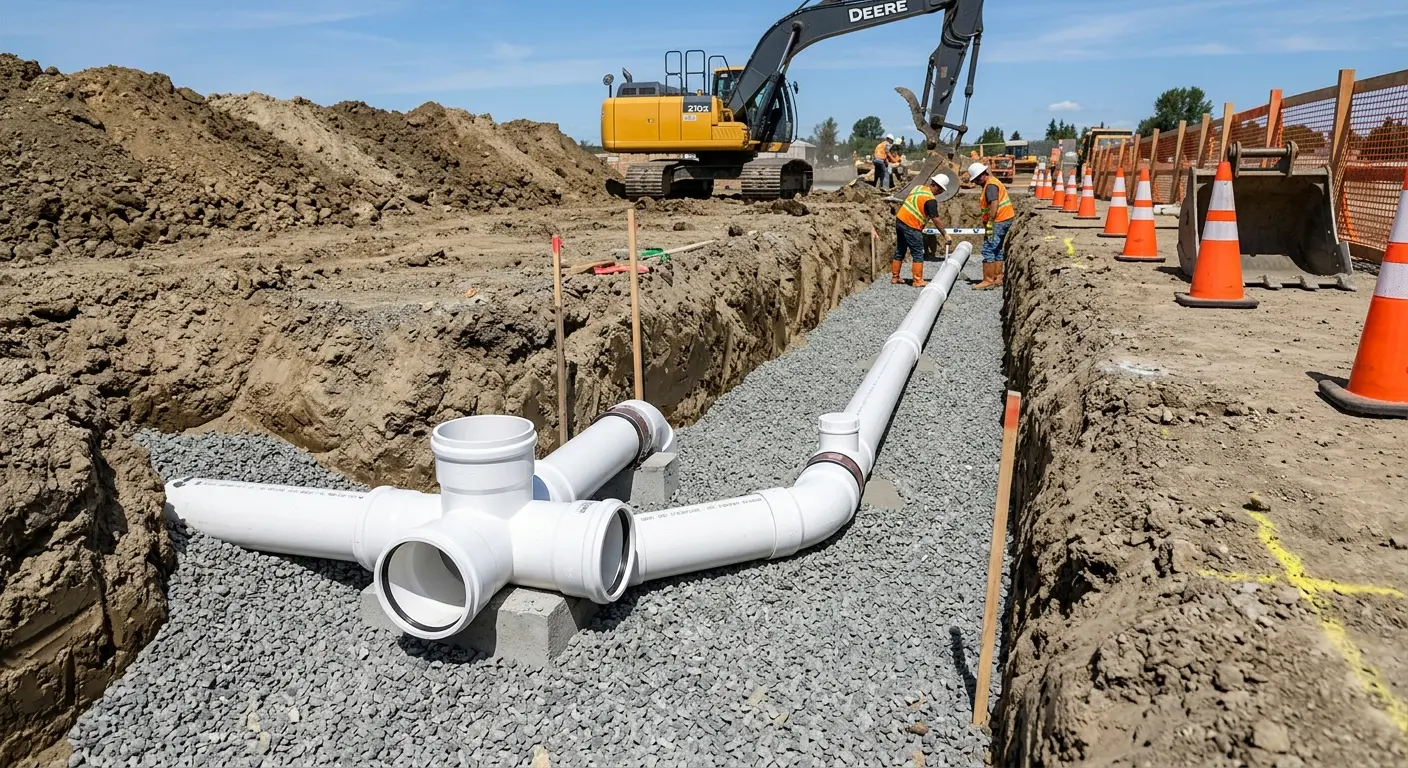 New PVC sewer pipe installation in open trench for Sewer Backup in Sweden