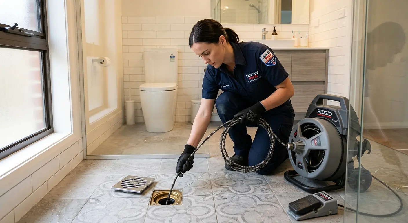 Technician clearing a bathroom floor drain for Drain Cleaning in Sweden